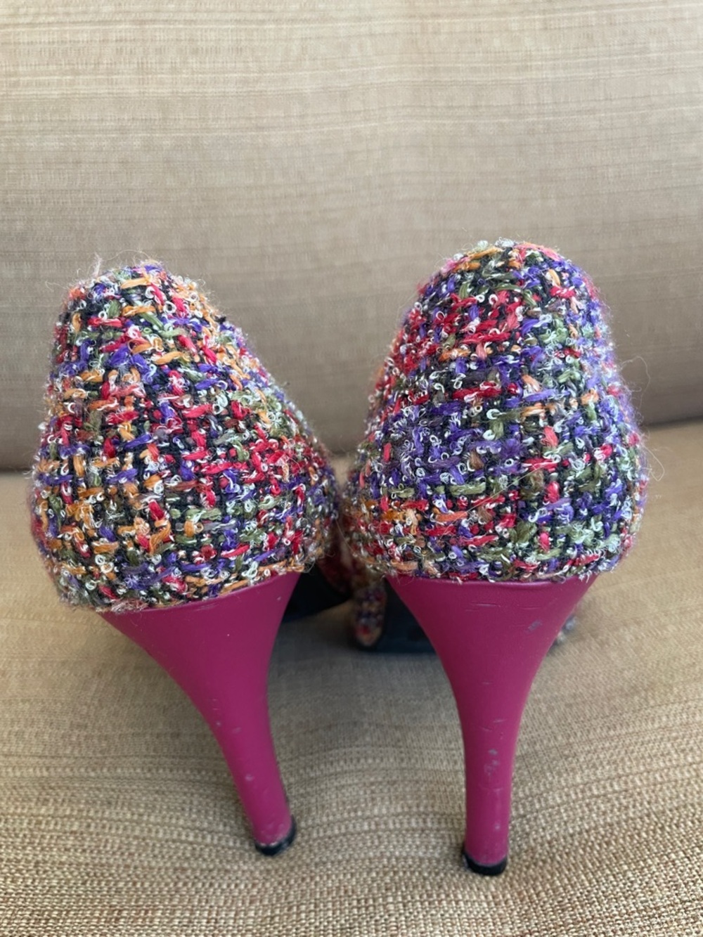 Summer Rio Multicolor Tweed Pointed Toe Pumps with Pink Lining - Picture 3 of 8